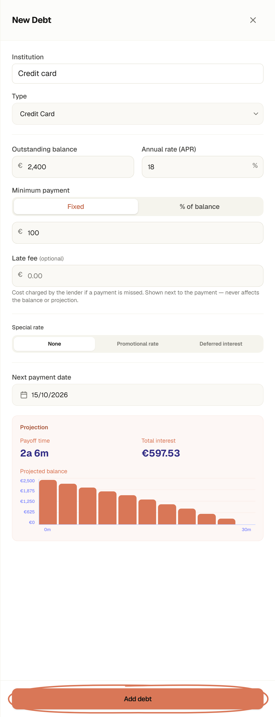 English New Debt drawer showing a €2,400 credit card balance, 18% annual rate, €100 fixed minimum and Add debt circled.