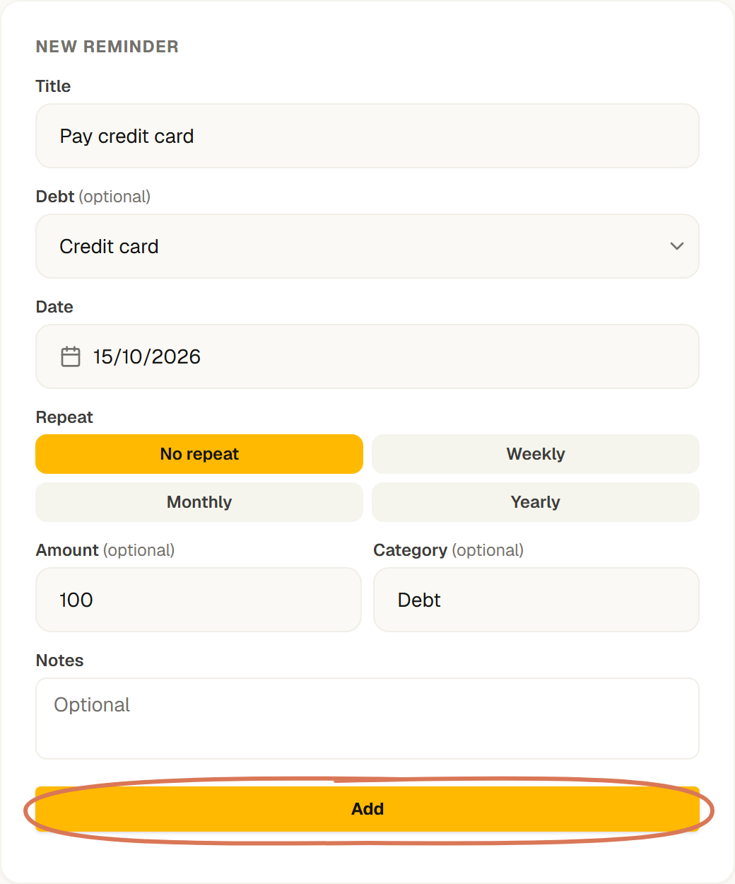 English New Reminder form with Pay credit card, a linked debt, 15 October 2026, €100 and Add circled.