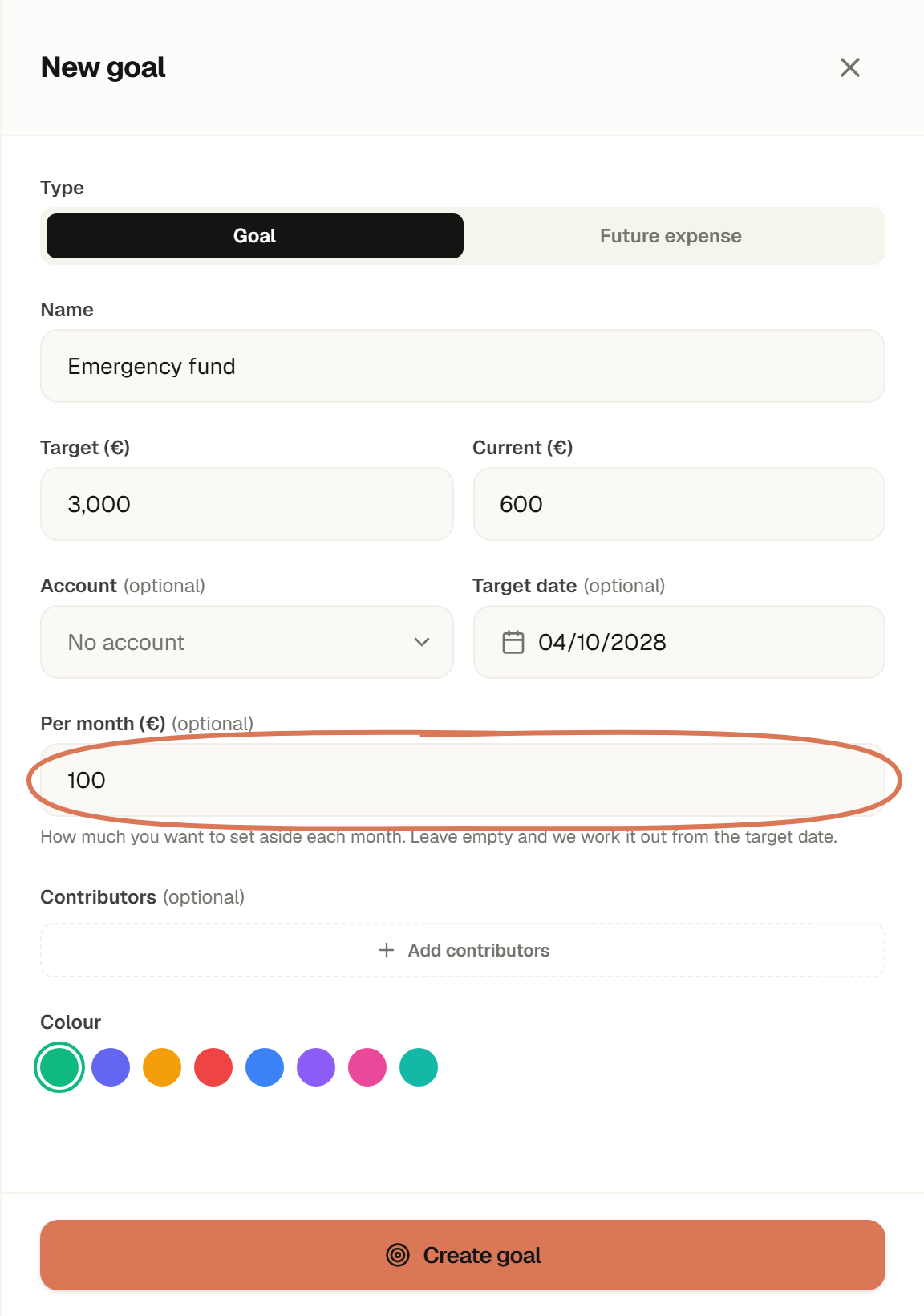 English New goal drawer showing Emergency fund, a €3,000 target, €600 current savings, a target date and €100 monthly contribution circled.