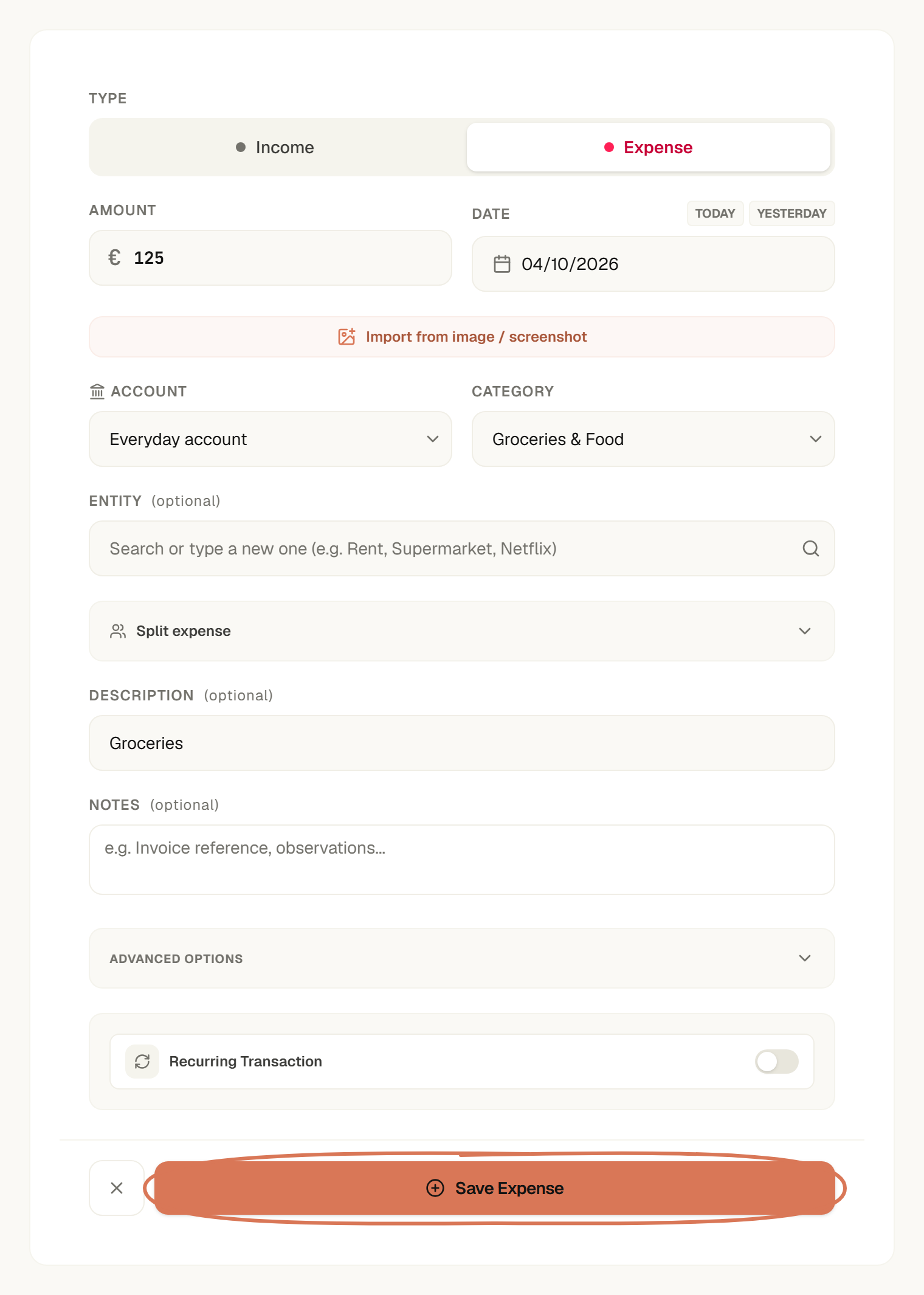 English expense form with €125, Groceries & Food, an Everyday account and Save Expense circled.