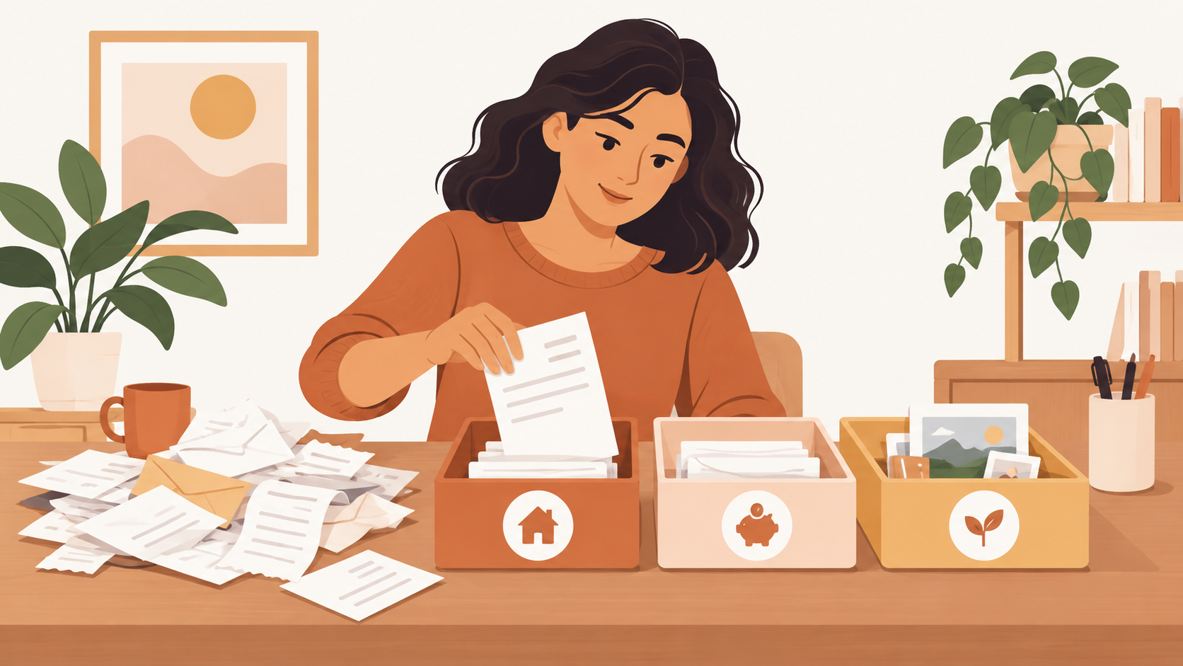 A person calmly sorting household bills into separate trays at a desk.
