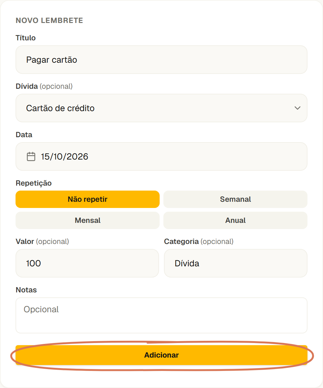Novo Lembrete em português com Pagar cartão, dívida associada, 15 de outubro de 2026, 100 € e Adicionar assinalado.