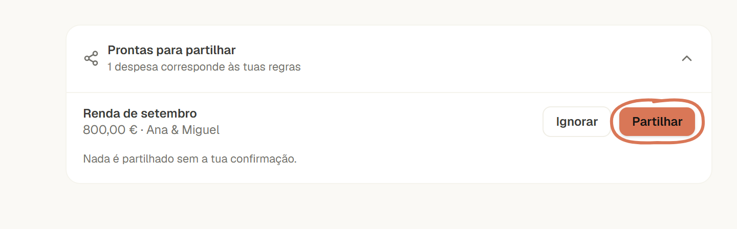 Despesas prontas para partilhar: a renda de 800 € corresponde a uma regra do grupo Ana & Miguel, com o botão Partilhar assinalado.