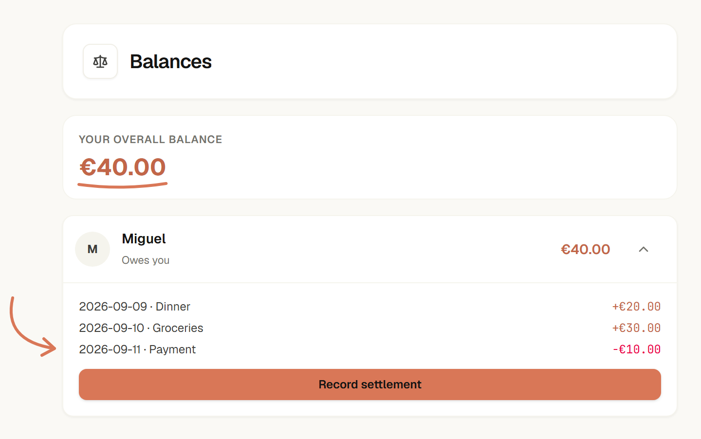 English Group balances with Miguel owing Ana €40 and a history of €30 and €20 expense shares minus a €10 payment.