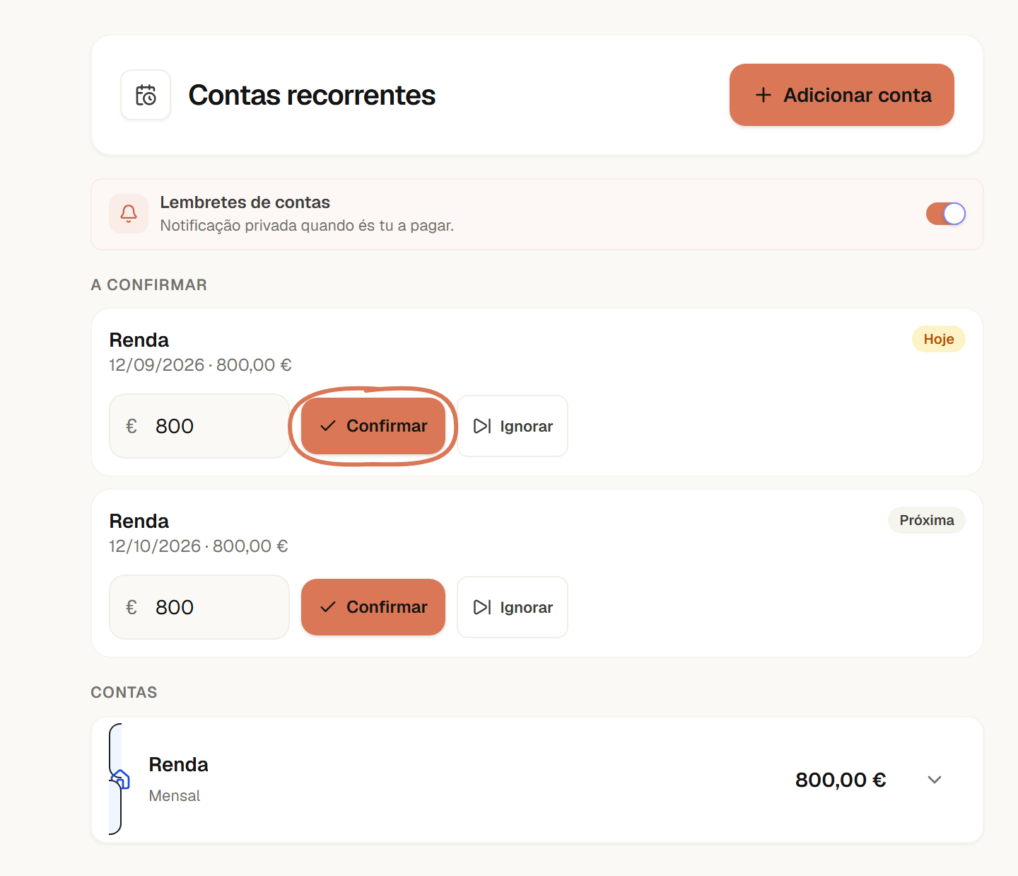 Renda de 800 € a confirmar hoje, com o valor editável e o botão Confirmar assinalado.