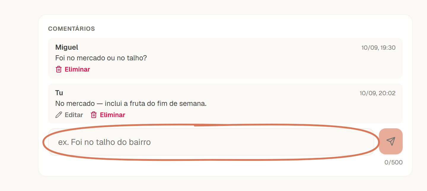 Conversa numa despesa de supermercado: Miguel pergunta se foi no mercado ou no talho e Ana responde; o campo para escrever um novo comentário está assinalado.