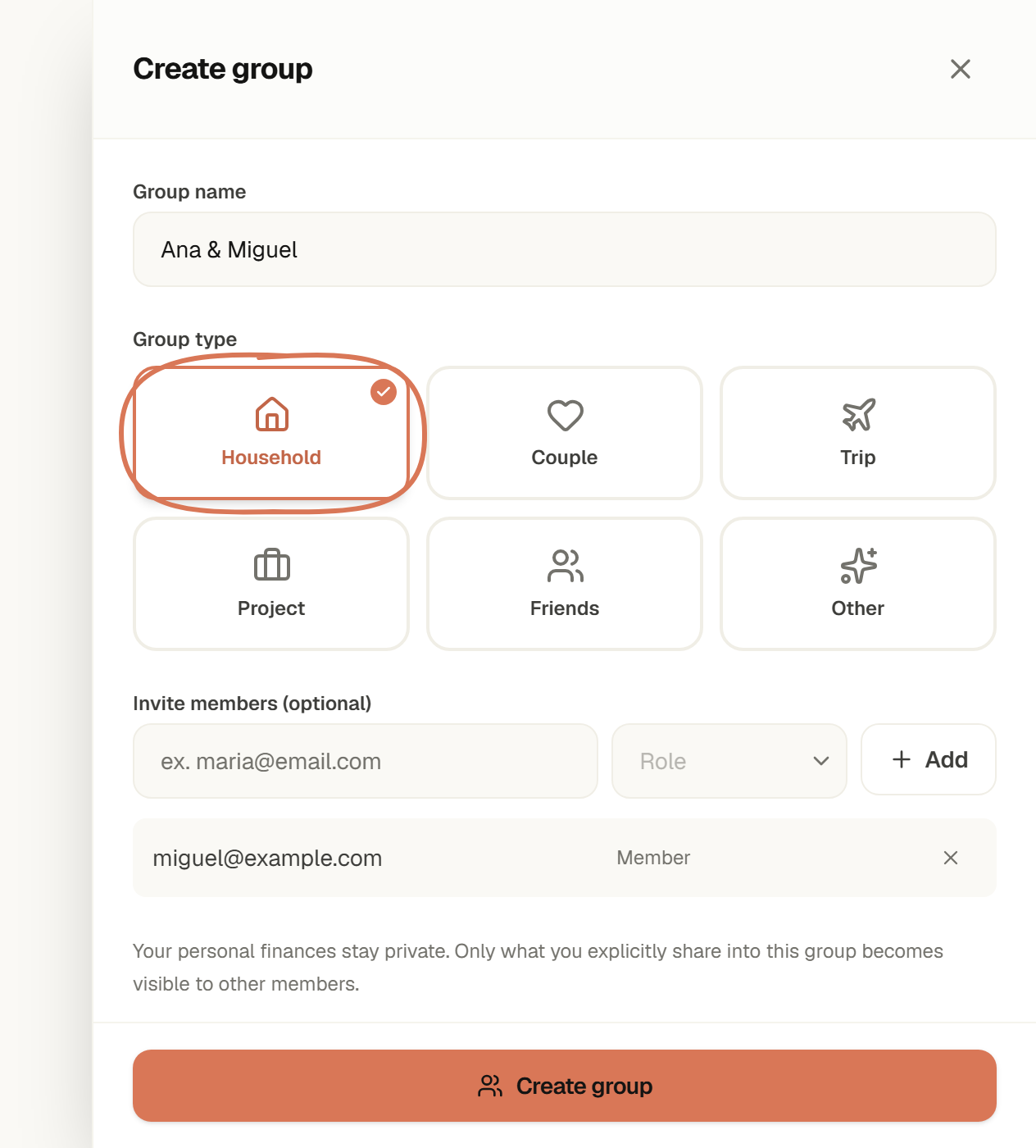 English Create group drawer for Ana & Miguel with Household circled and an example email invitation.