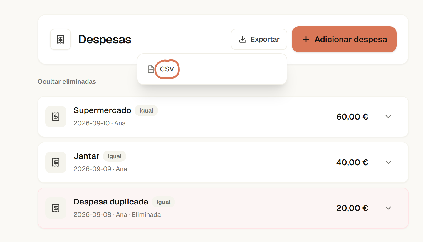Despesas com o menu Exportar aberto e CSV assinalado; a lista inclui uma despesa eliminada.