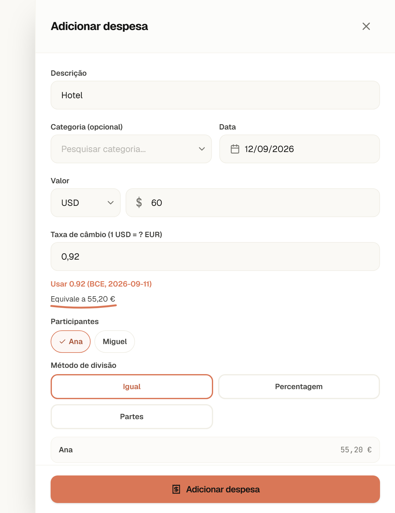 Despesa de 60 USD com a taxa 0,92 escolhida a partir da sugestão, e o total no grupo, 55,20 €, assinalado.