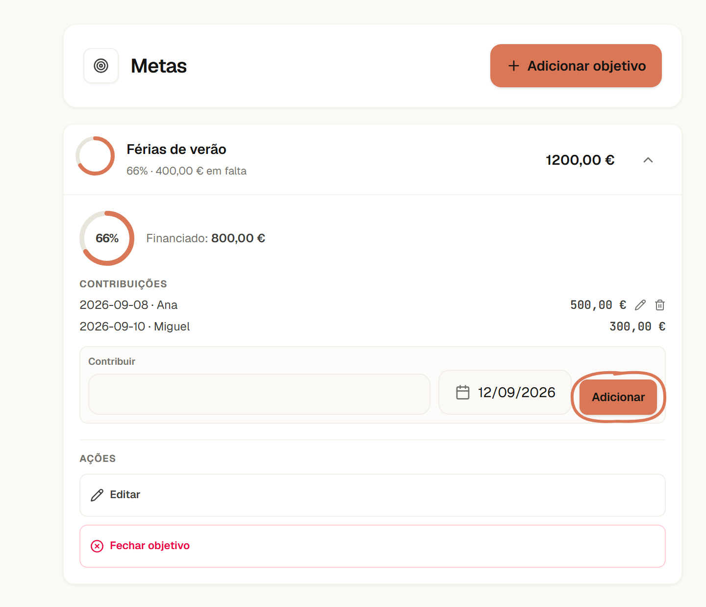 Férias de verão a 66% financiado, com 400 € em falta de 1200 €; o botão Adicionar está assinalado.