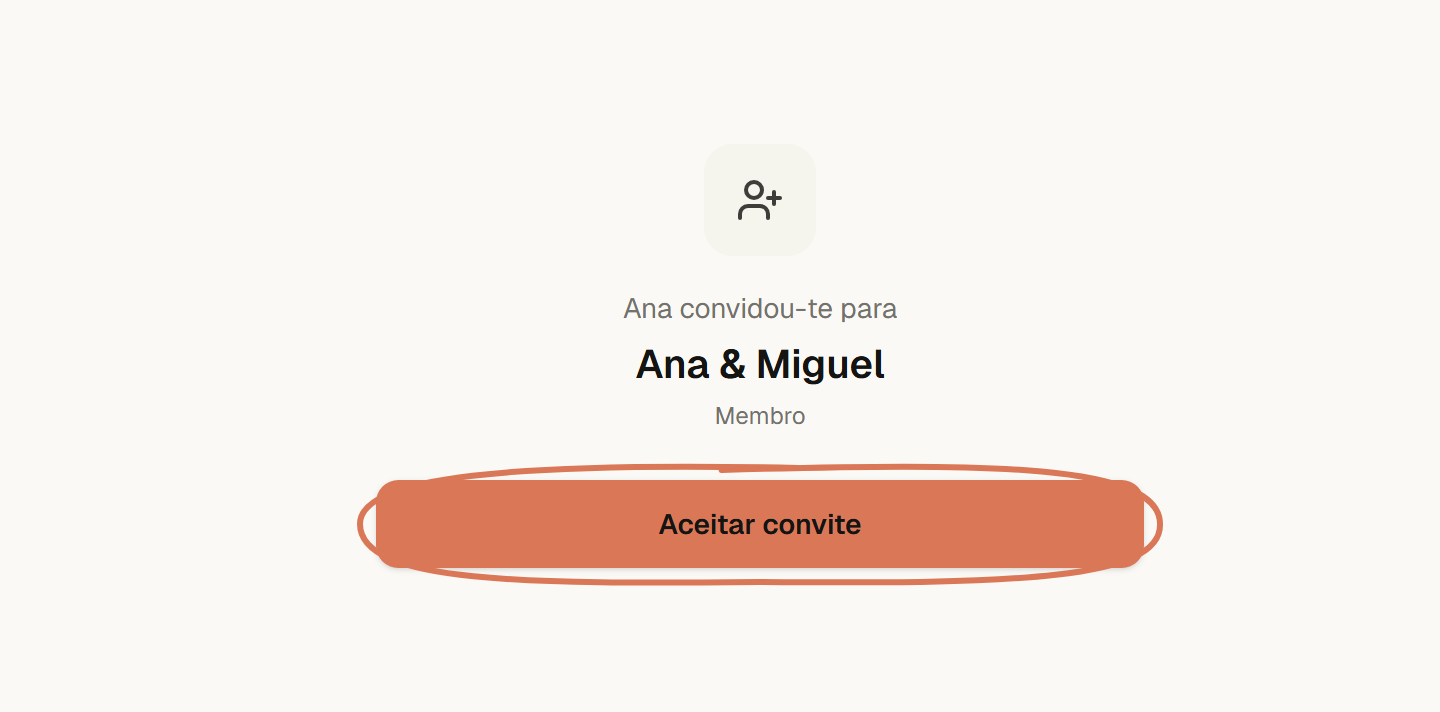 Convite de Ana para Ana & Miguel, com o papel Membro e o botão Aceitar convite assinalado.