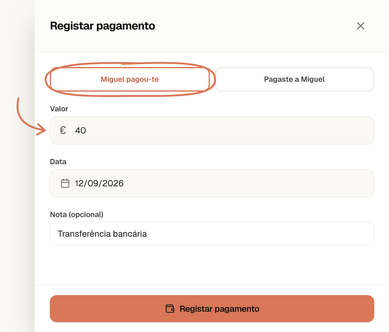 Registar pagamento com Miguel pagou-te selecionado, valor de 40 € e nota Transferência bancária.