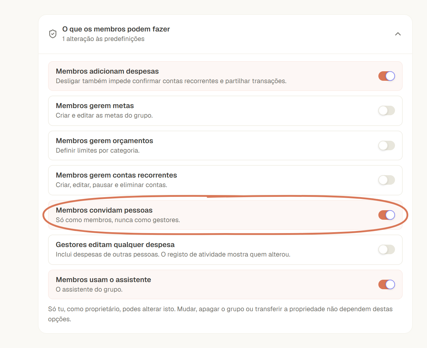 Em Membros, o cartão "O que os membros podem fazer" aberto, com o interruptor "Membros convidam pessoas" ligado e assinalado.