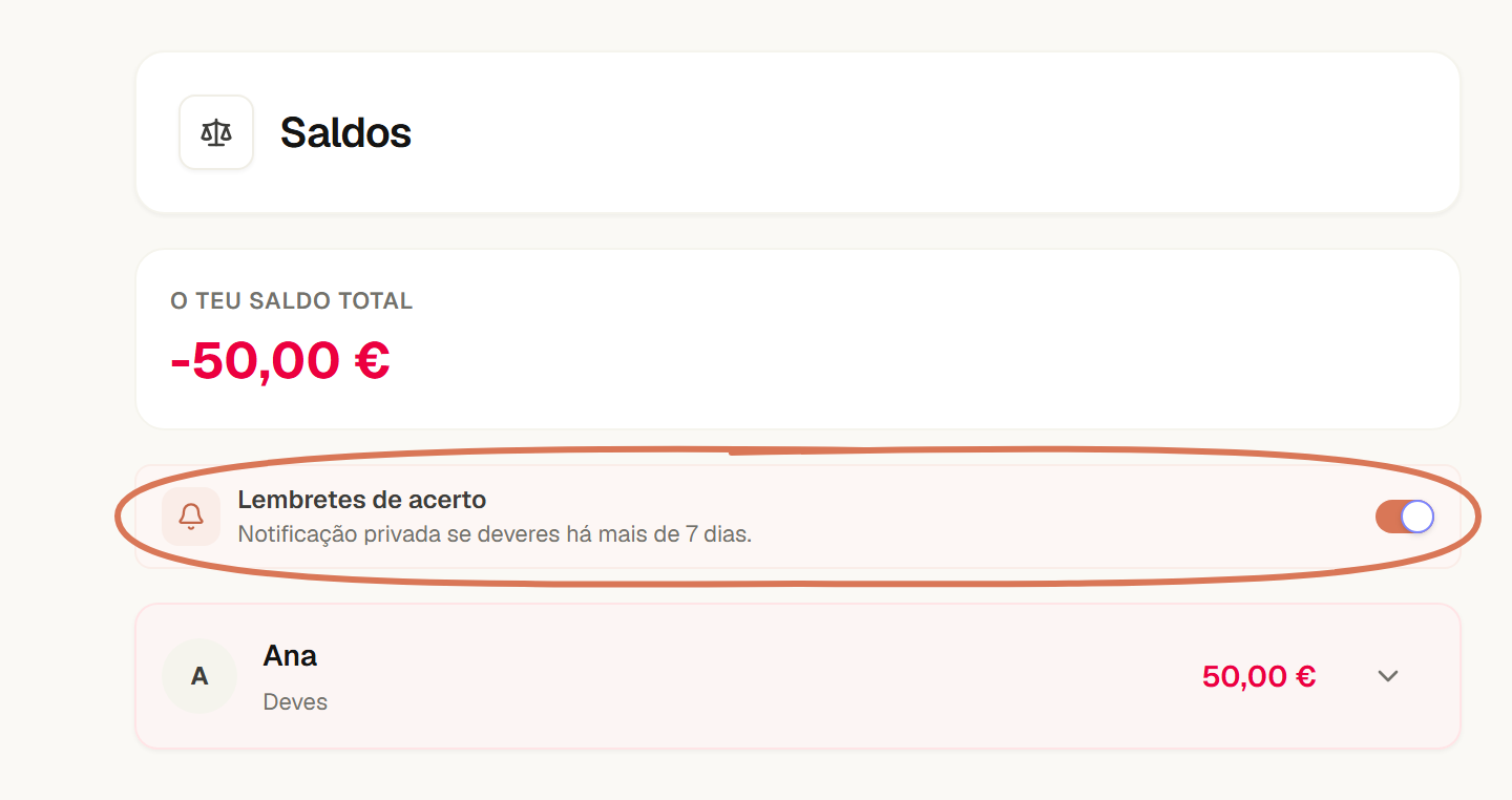 Saldos de Miguel com o interruptor Lembretes de acerto ligado e assinalado.