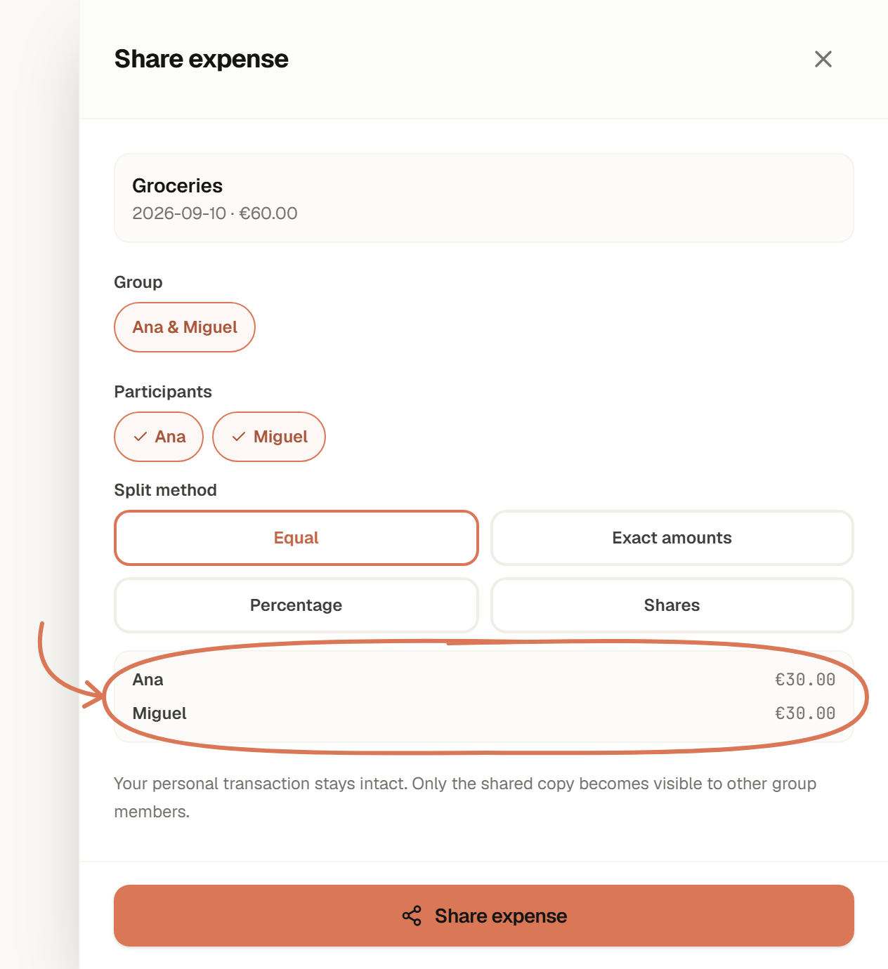 English Share expense drawer preserving a €60 grocery expense and showing the participants and equal split.